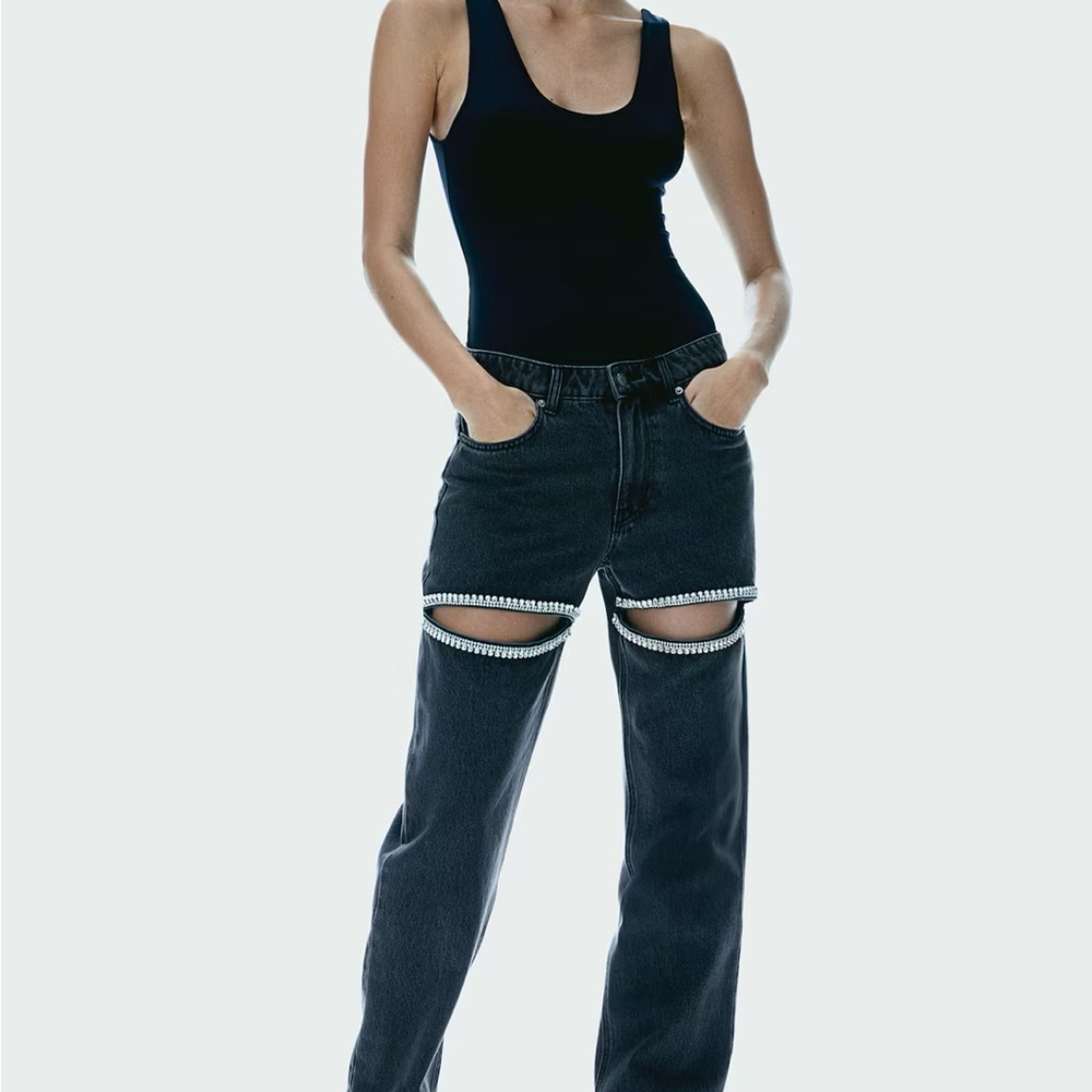 H&M Black Flare Wide Leg Jeans Rhinestone Cut Out Design
